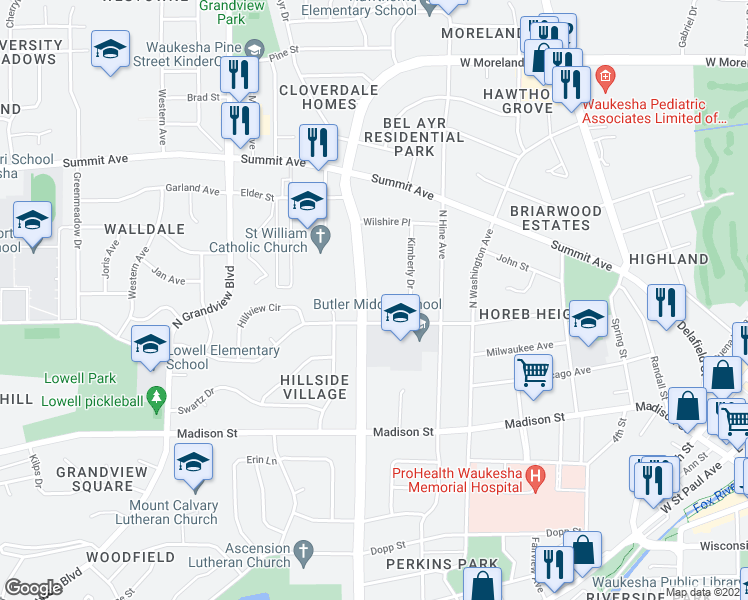 map of restaurants, bars, coffee shops, grocery stores, and more near 411 North Moreland Boulevard in Waukesha