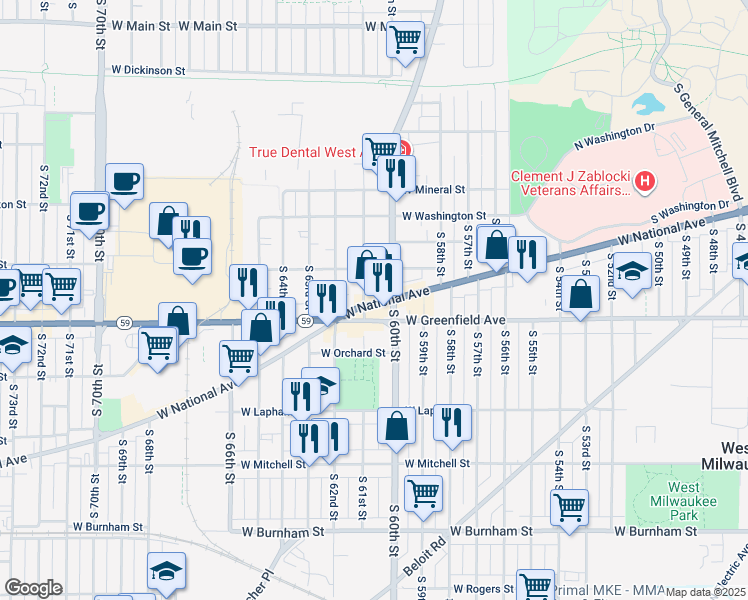 map of restaurants, bars, coffee shops, grocery stores, and more near in West Allis