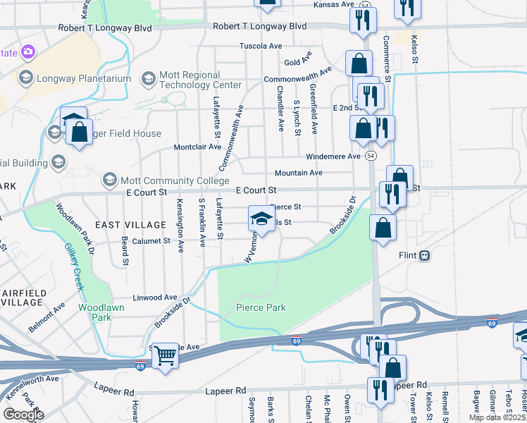 map of restaurants, bars, coffee shops, grocery stores, and more near 2126 Pierce Street in Flint