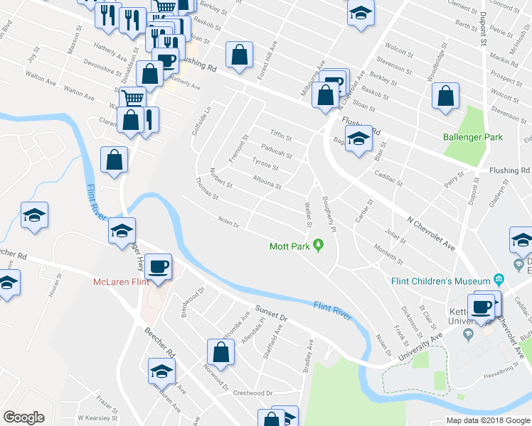 map of restaurants, bars, coffee shops, grocery stores, and more near 2468 Thomas Street in Flint