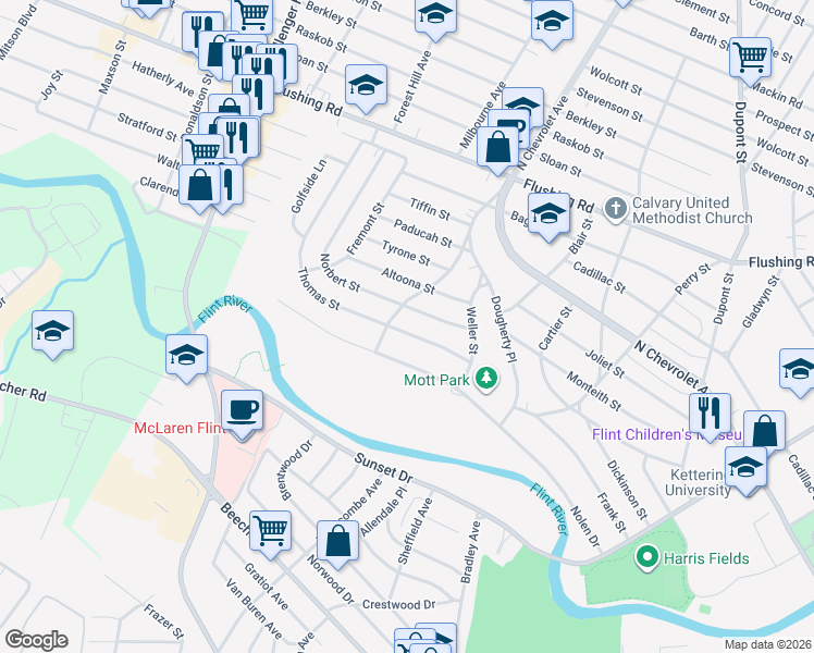 map of restaurants, bars, coffee shops, grocery stores, and more near 2447 Thomas Street in Flint