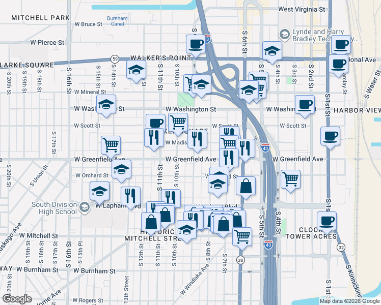 map of restaurants, bars, coffee shops, grocery stores, and more near 1327 South 9th Street in Milwaukee