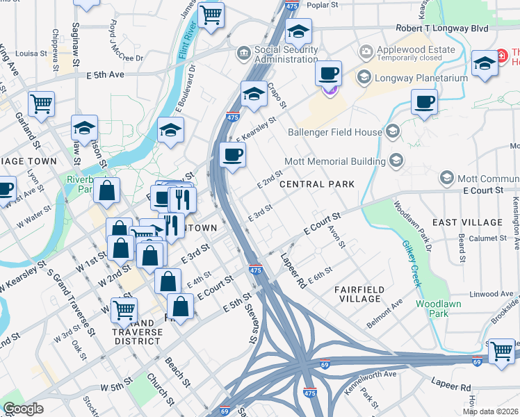 map of restaurants, bars, coffee shops, grocery stores, and more near 617 East 3rd Street in Flint