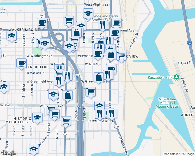 map of restaurants, bars, coffee shops, grocery stores, and more near 58 West Greenfield Avenue in Milwaukee