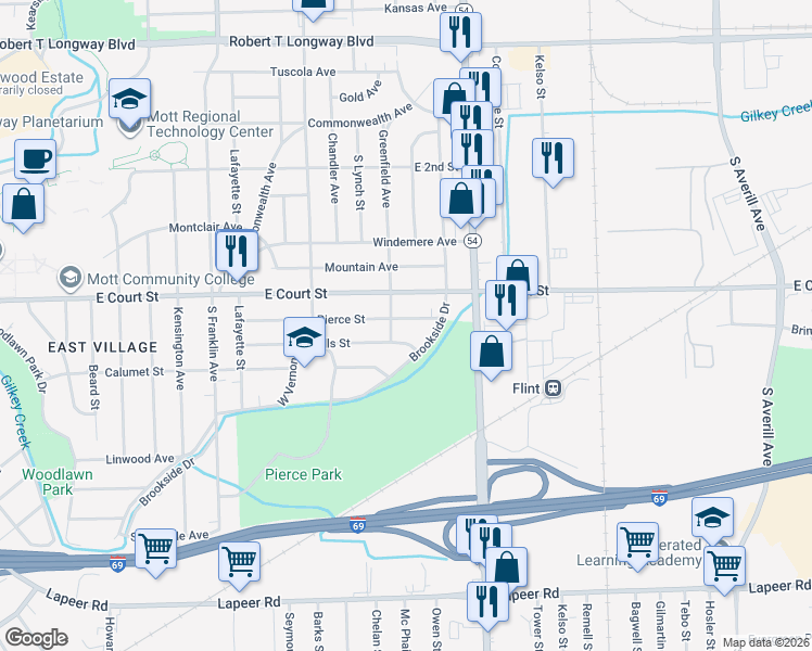 map of restaurants, bars, coffee shops, grocery stores, and more near 2512 Pierce Street in Flint