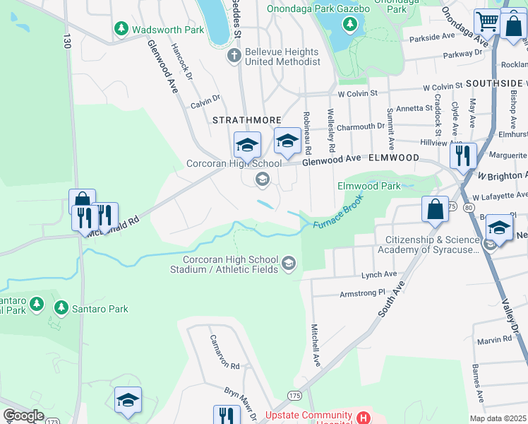 map of restaurants, bars, coffee shops, grocery stores, and more near 919 Glenwood Avenue in Syracuse