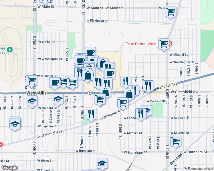 map of restaurants, bars, coffee shops, grocery stores, and more near 14 South 66th Street in West Allis