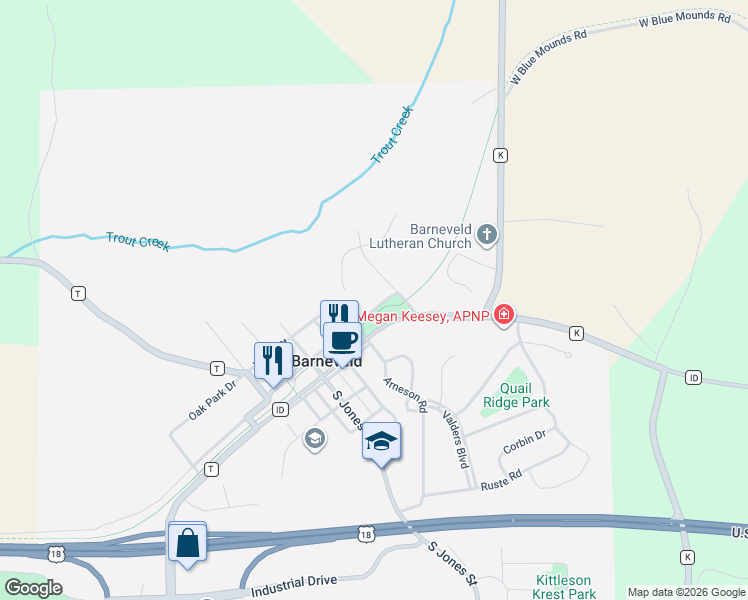 map of restaurants, bars, coffee shops, grocery stores, and more near 301 East Main Street in Barneveld
