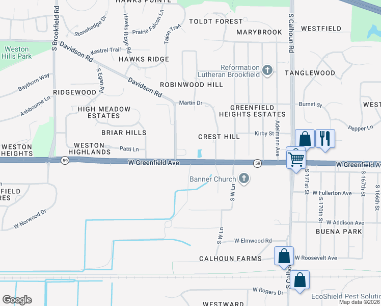 map of restaurants, bars, coffee shops, grocery stores, and more near 1350 Davidson Road in Brookfield