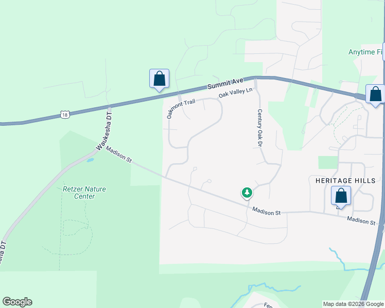 map of restaurants, bars, coffee shops, grocery stores, and more near 3819 Oakmont Trail in Waukesha