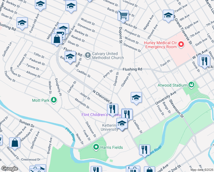 map of restaurants, bars, coffee shops, grocery stores, and more near 1900 Cadillac Street in Flint