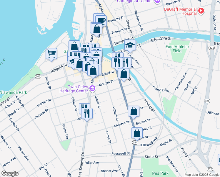 map of restaurants, bars, coffee shops, grocery stores, and more near 79 Fletcher Street in Tonawanda