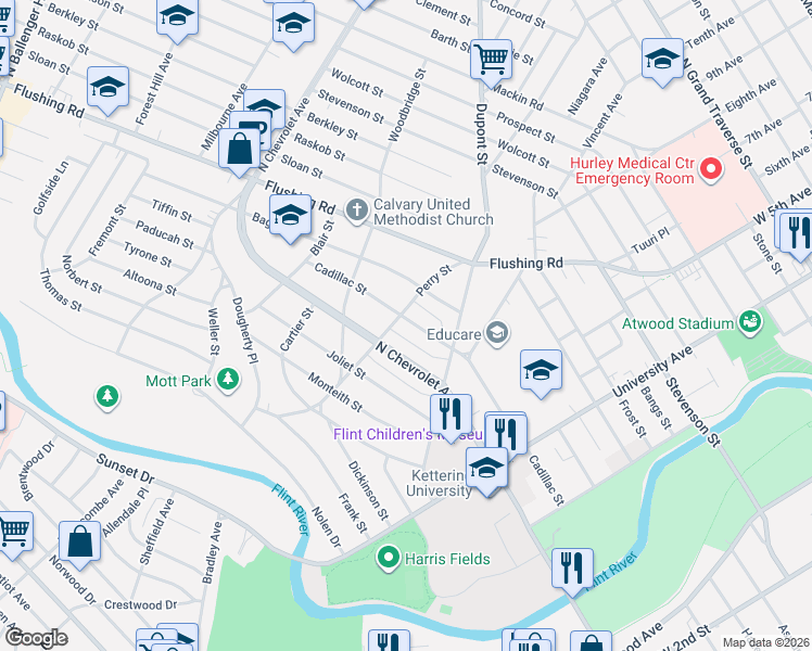 map of restaurants, bars, coffee shops, grocery stores, and more near 820 North Chevrolet Avenue in Flint