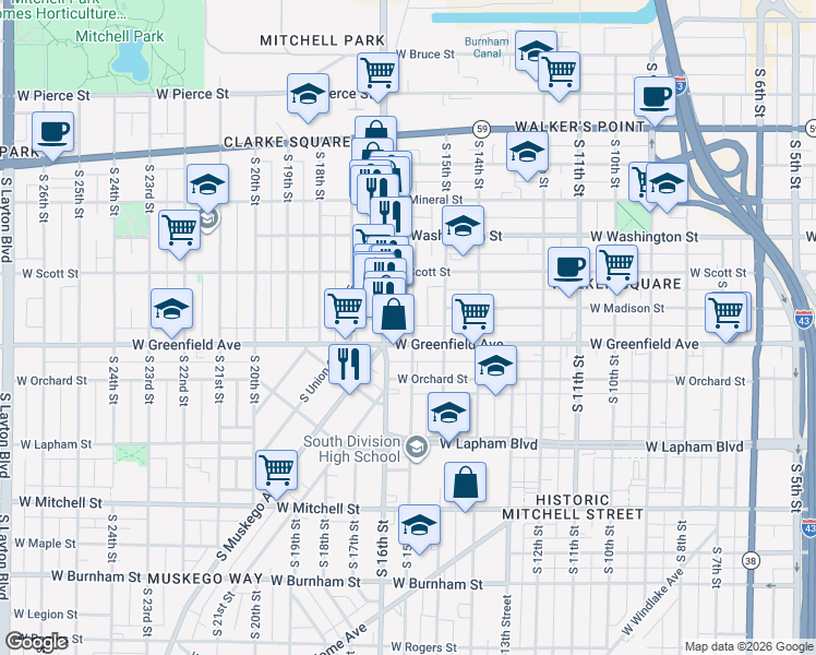 map of restaurants, bars, coffee shops, grocery stores, and more near 1529 West Greenfield Avenue in Milwaukee