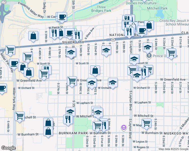 map of restaurants, bars, coffee shops, grocery stores, and more near 3202 West Greenfield Avenue in Milwaukee