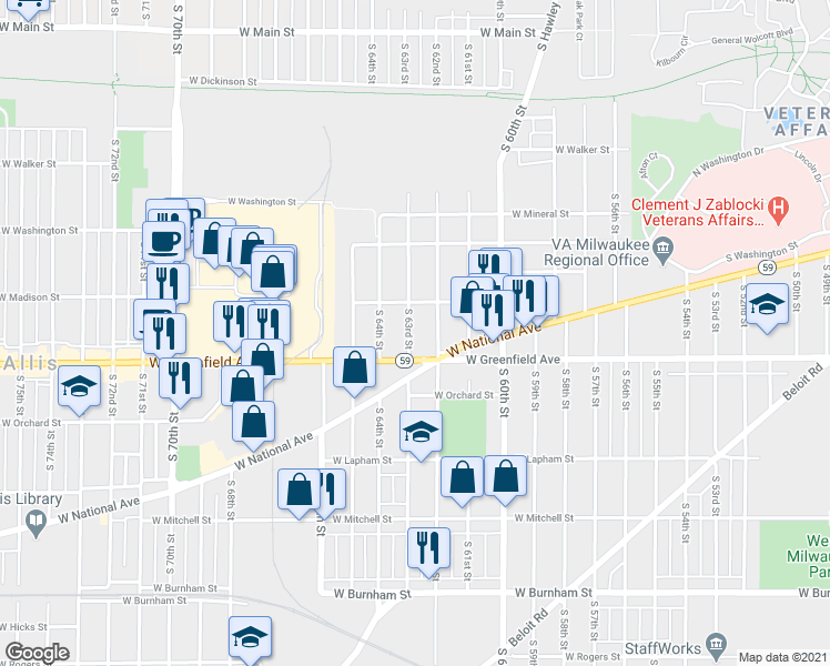 map of restaurants, bars, coffee shops, grocery stores, and more near 6330 West Greenfield Avenue in West Allis
