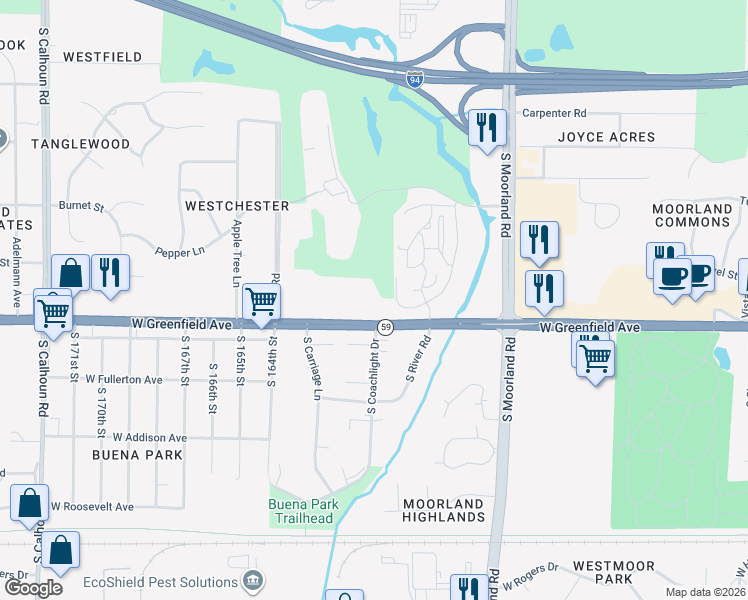 map of restaurants, bars, coffee shops, grocery stores, and more near 16040 West Greenfield Avenue in Brookfield