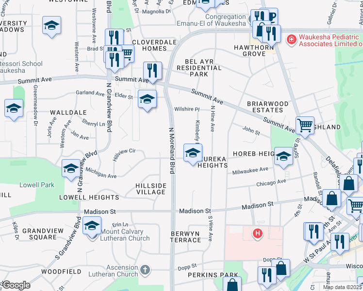 map of restaurants, bars, coffee shops, grocery stores, and more near 1226 Michigan Avenue in Waukesha