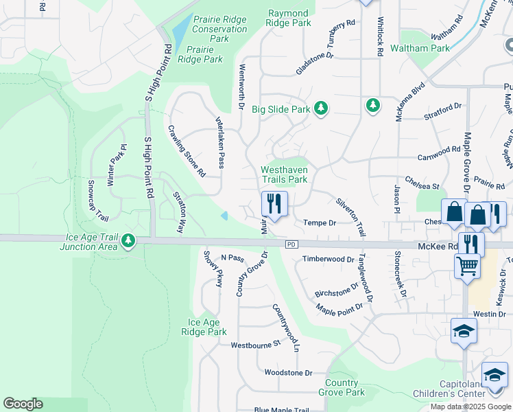 map of restaurants, bars, coffee shops, grocery stores, and more near 3172 Muir Field Road in Madison