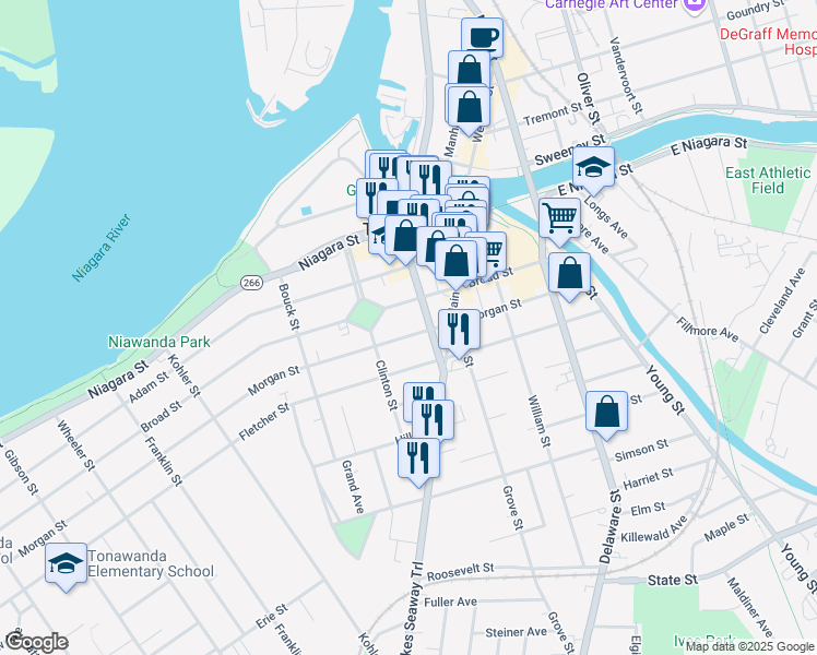 map of restaurants, bars, coffee shops, grocery stores, and more near 158 Morgan Street in Tonawanda