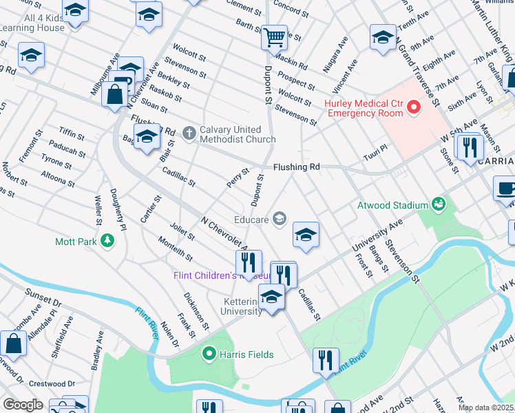 map of restaurants, bars, coffee shops, grocery stores, and more near 916 Dupont Street in Flint