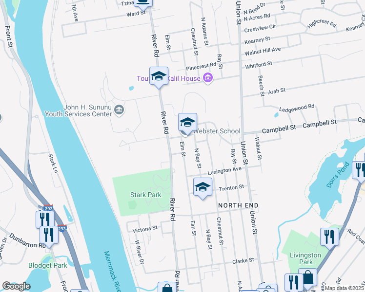 map of restaurants, bars, coffee shops, grocery stores, and more near 2519 Elm Street in Manchester