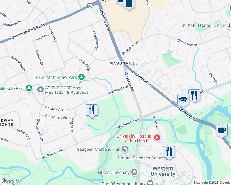 map of restaurants, bars, coffee shops, grocery stores, and more near 39 Ambleside Drive in London