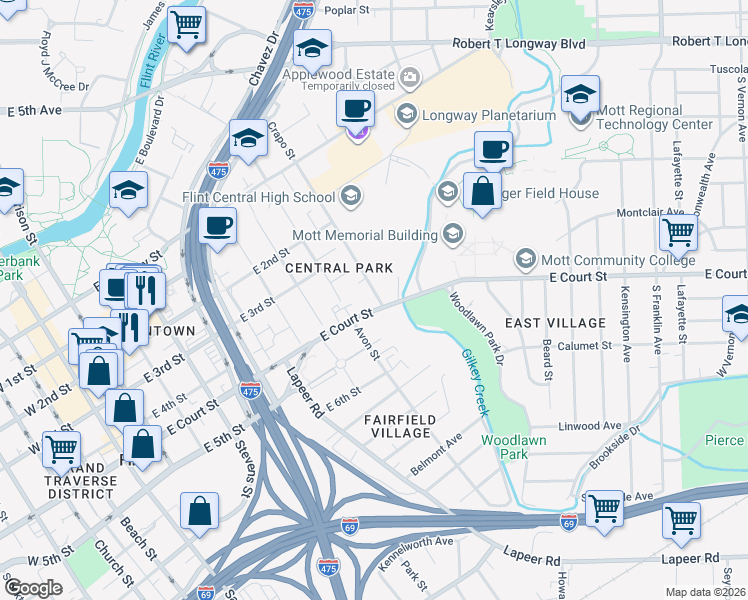 map of restaurants, bars, coffee shops, grocery stores, and more near 915 East Court Street in Flint