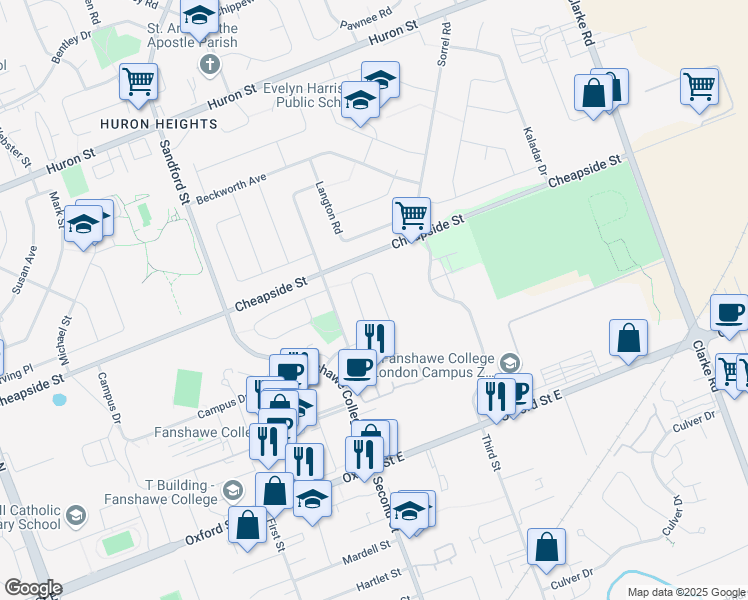 map of restaurants, bars, coffee shops, grocery stores, and more near 306 Fleming Drive in London