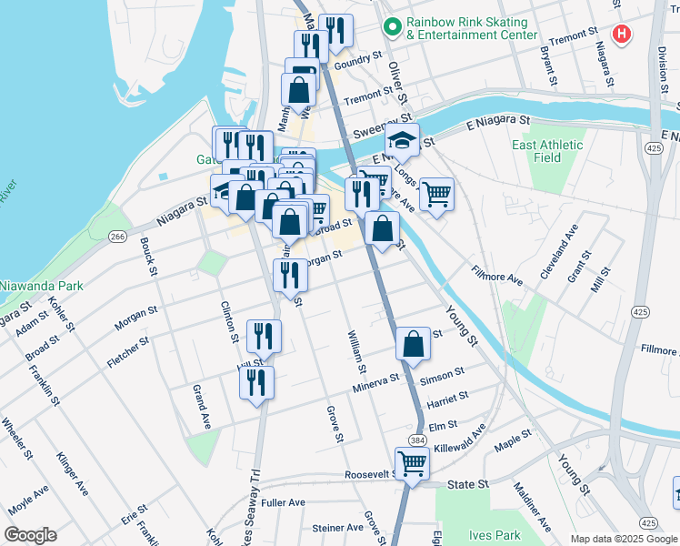 map of restaurants, bars, coffee shops, grocery stores, and more near 79 Fletcher Street in Tonawanda