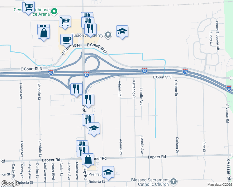 map of restaurants, bars, coffee shops, grocery stores, and more near 1078 Adams Road in Burton