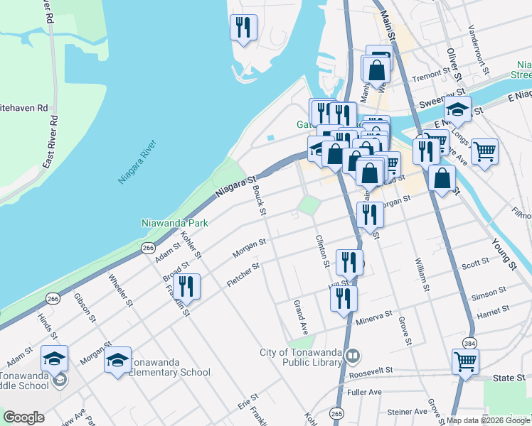 map of restaurants, bars, coffee shops, grocery stores, and more near 255 Broad Street in Tonawanda