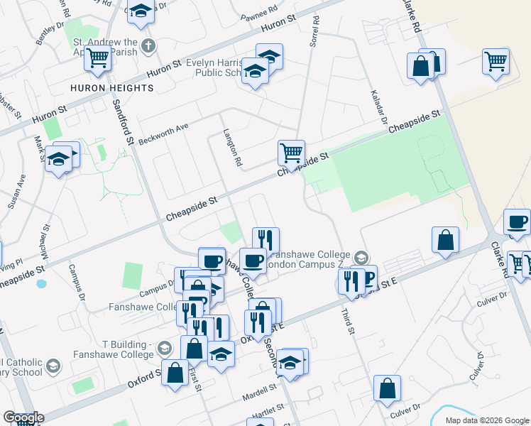map of restaurants, bars, coffee shops, grocery stores, and more near 306 Fleming Drive in London