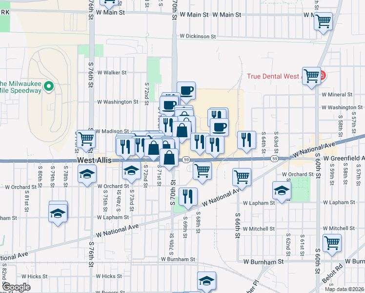 map of restaurants, bars, coffee shops, grocery stores, and more near 6900 West Greenfield Avenue in West Allis