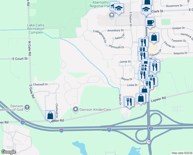 map of restaurants, bars, coffee shops, grocery stores, and more near 9332 Monica Drive in Davison