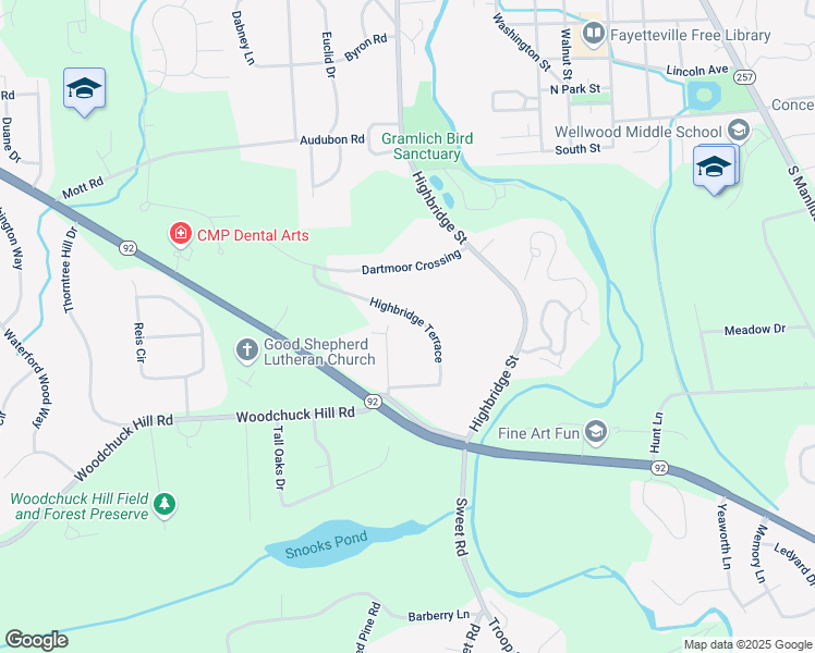 map of restaurants, bars, coffee shops, grocery stores, and more near 7405 Highbridge Terrace in Fayetteville