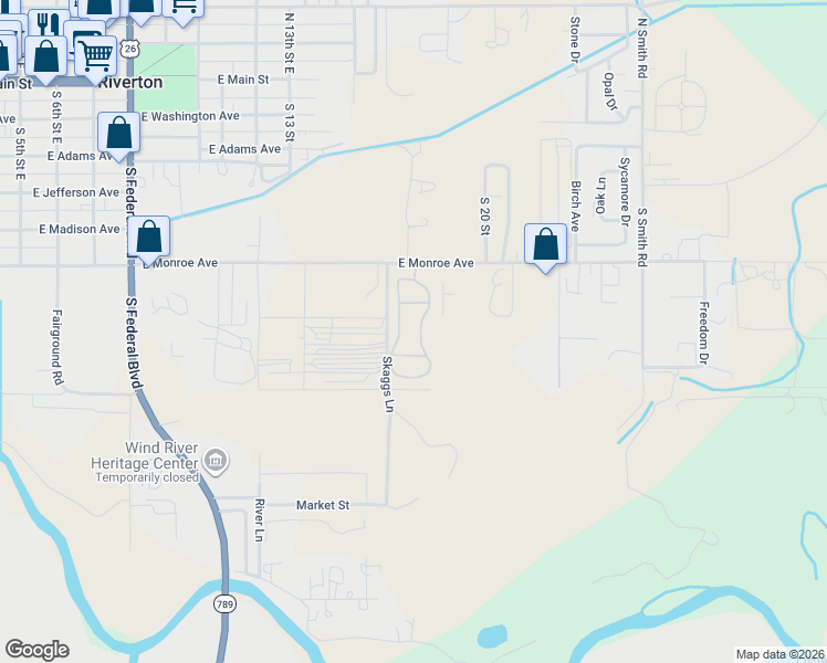 map of restaurants, bars, coffee shops, grocery stores, and more near Jennifer Lane in Riverton