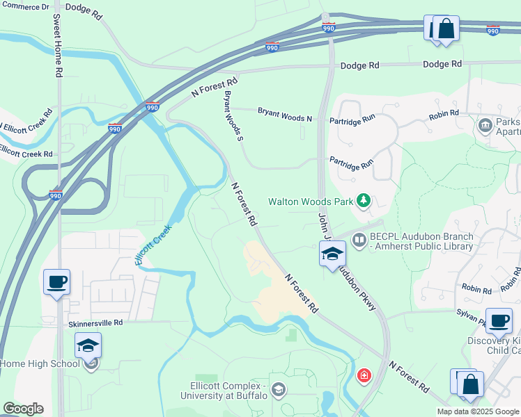 map of restaurants, bars, coffee shops, grocery stores, and more near 2791 North Forest Road in Getzville