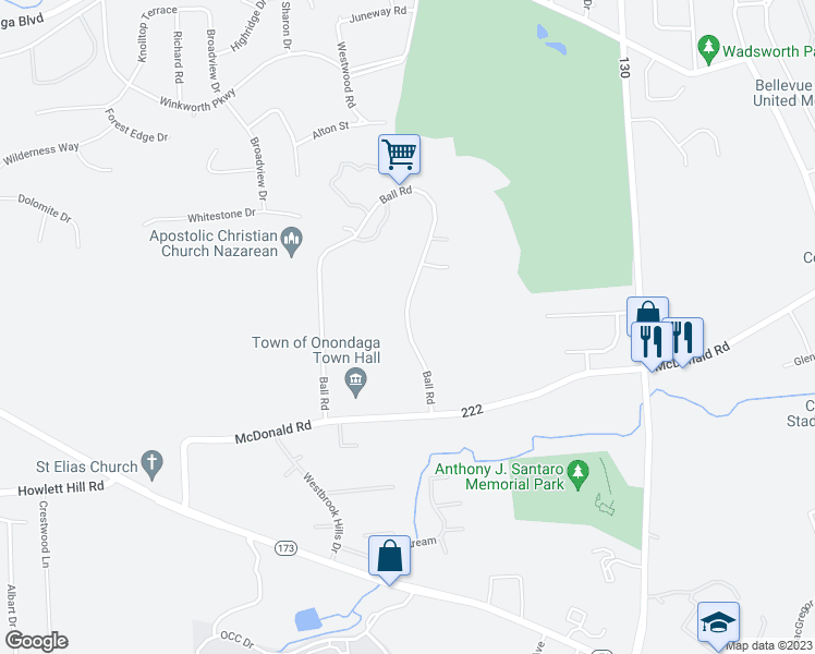 map of restaurants, bars, coffee shops, grocery stores, and more near 86 Ball Road in Syracuse