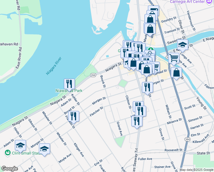 map of restaurants, bars, coffee shops, grocery stores, and more near 255 Broad Street in Tonawanda