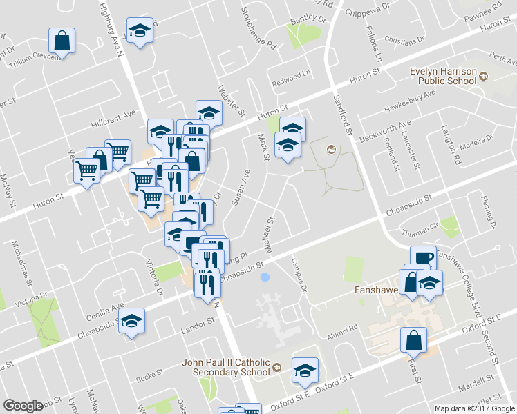 map of restaurants, bars, coffee shops, grocery stores, and more near in London