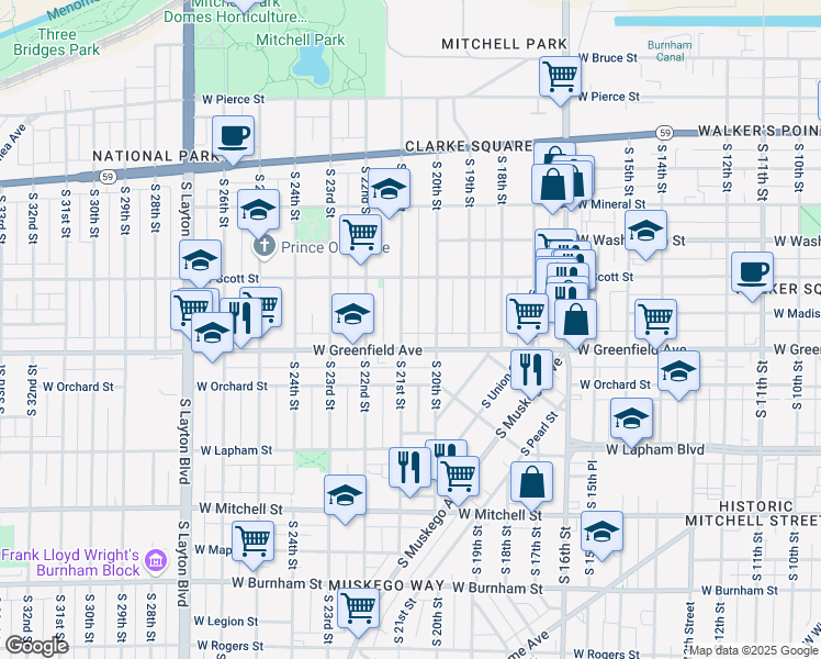 map of restaurants, bars, coffee shops, grocery stores, and more near 2022 West Greenfield Avenue in Milwaukee