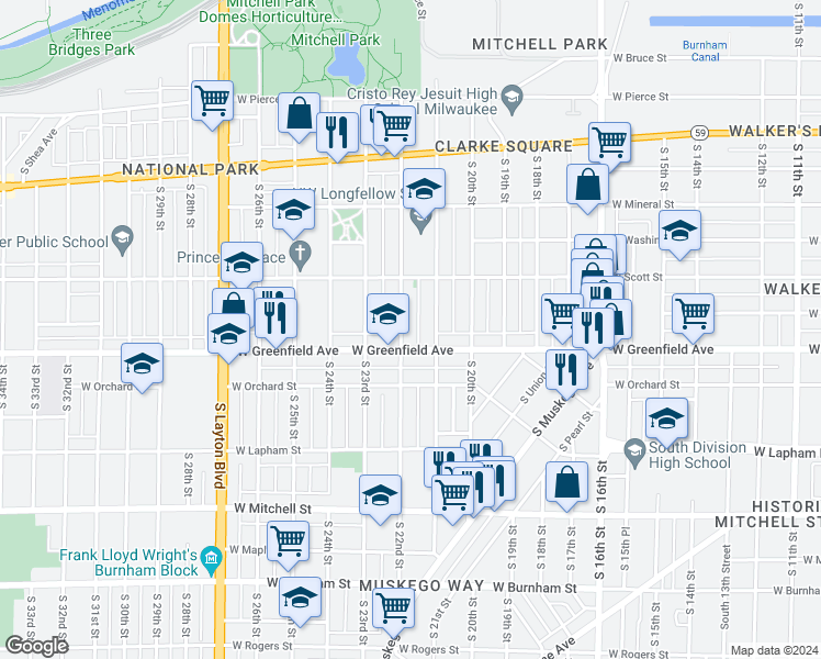 map of restaurants, bars, coffee shops, grocery stores, and more near 2137 West Greenfield Avenue in Milwaukee