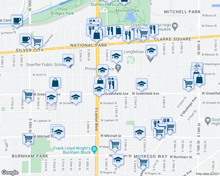map of restaurants, bars, coffee shops, grocery stores, and more near 2539 West Greenfield Avenue in Milwaukee