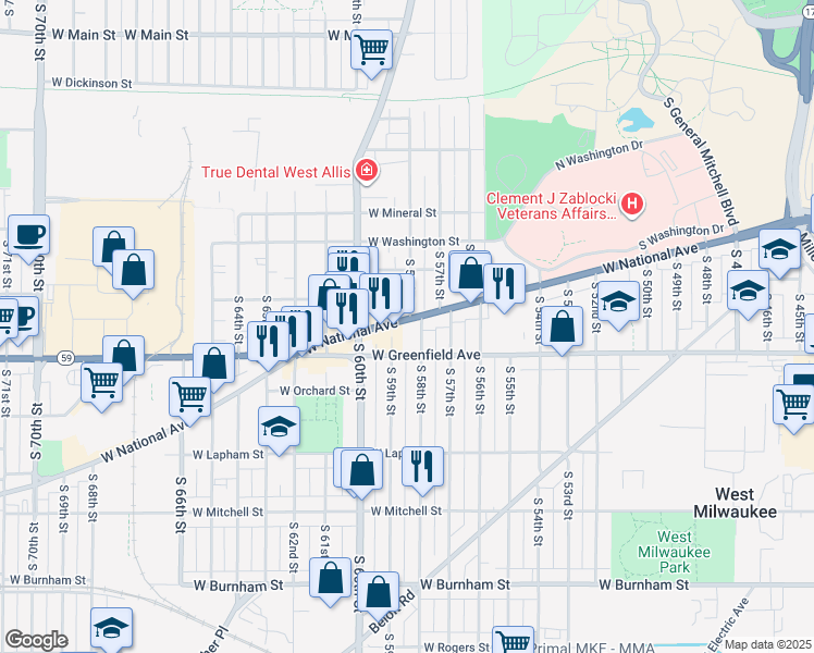map of restaurants, bars, coffee shops, grocery stores, and more near 1367 South 58th Street in West Allis