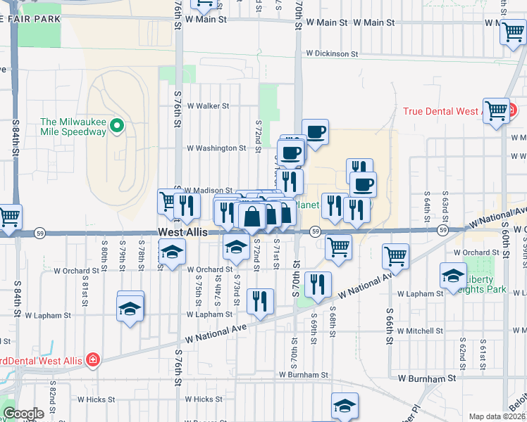 map of restaurants, bars, coffee shops, grocery stores, and more near 7130 West Greenfield Avenue in West Allis