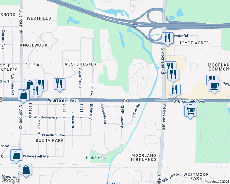 map of restaurants, bars, coffee shops, grocery stores, and more near 1400 South Carriage Lane in New Berlin