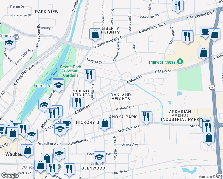 map of restaurants, bars, coffee shops, grocery stores, and more near 1036 Genesee Street in Waukesha