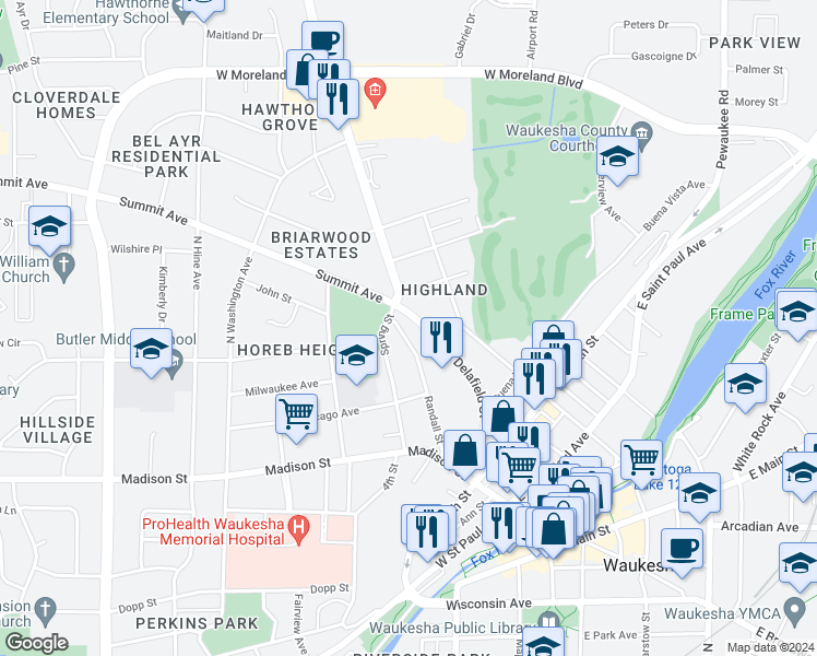 map of restaurants, bars, coffee shops, grocery stores, and more near 319 Spring Street in Waukesha