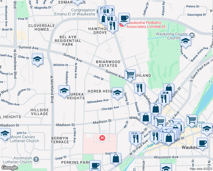 map of restaurants, bars, coffee shops, grocery stores, and more near 322 Hyde Park Avenue in Waukesha